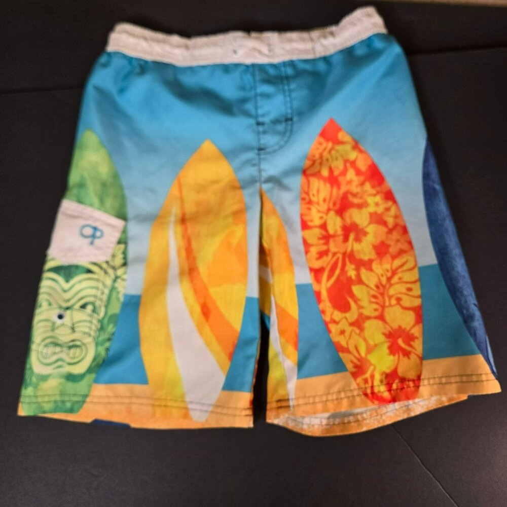 OP Boys Blue Surfboard Print Swim Trunks With Elastic Waist & Pocket